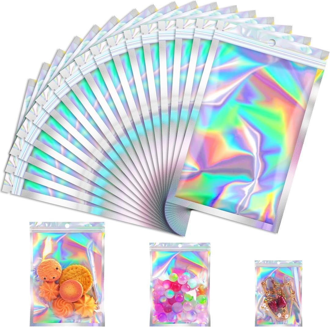 JETMORE 100 Pcs Holographic Mylar Bags, Smell Proof & Resealable Bag for Small Business, Foil Freshie Bags for Treat, Jewelry, Candy, Keychain, Package, Christmas Gift Bags, Goodie Baggies (3x5in)