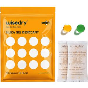 wisedry 50 Gram [10 Packs] Silica Gel Packets Microwave Fast Reactivate Desiccan Packs with Indicating Beads