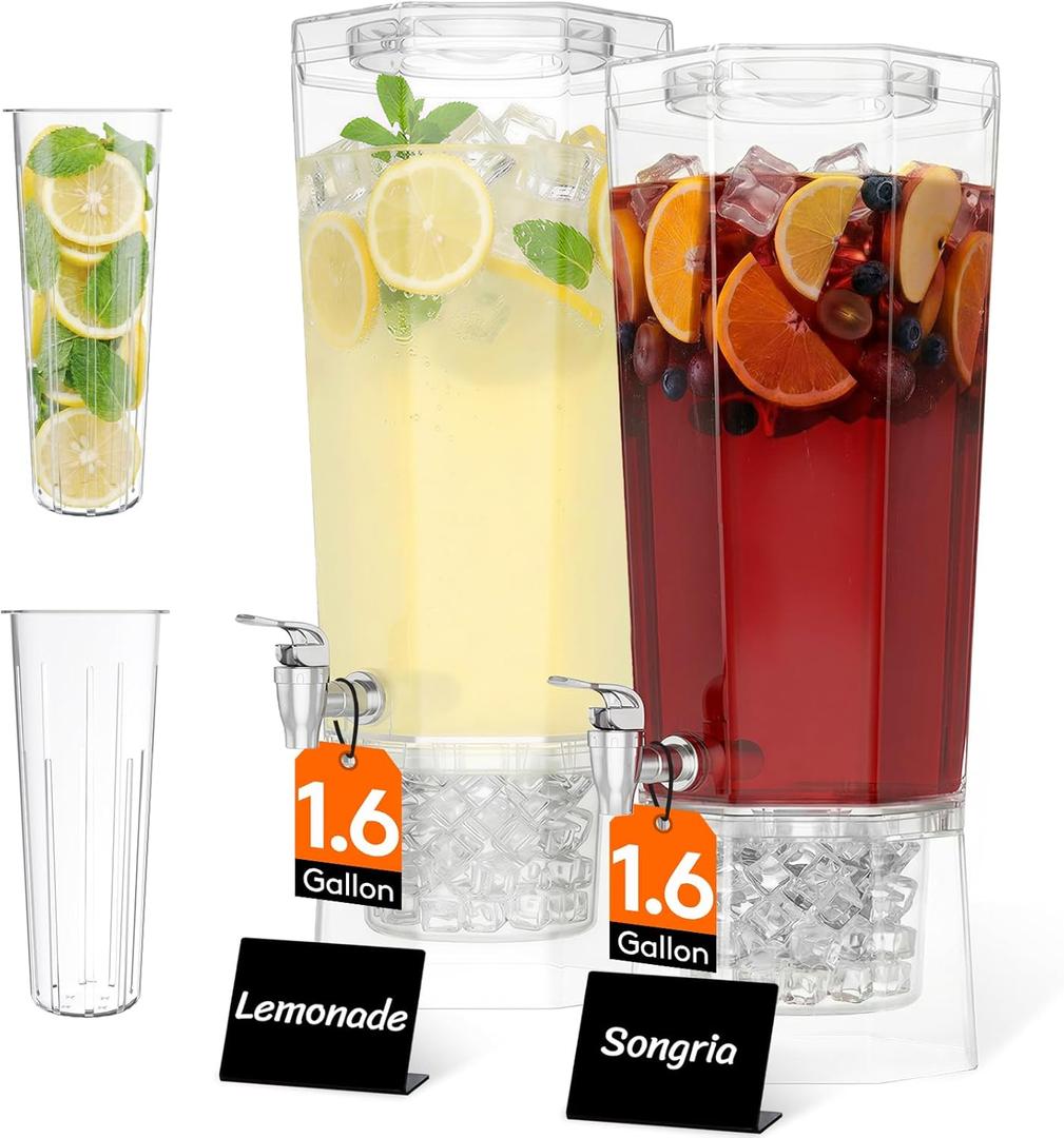 Lifewit 1.6 Gallon Drink Dispenser for Parties 2 Pcs, Large Plastic Beverage Container for Juice/Tea/Soda with Stand & Ice Core, Clear Lemonade Dispenser with Spigot, BPA Free Water Pitcher for Fridge