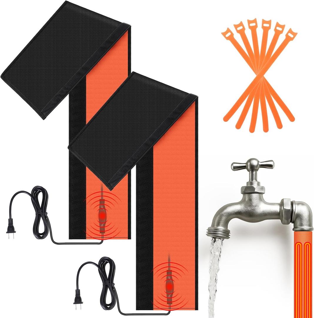 40" x 7" Water Pipe Heat Blanket with Thermostat, Self Regulating Faucet Heating Blanket, Winter Heating Tape for Metal and Plastic Pipes, 120V, Thermostat Max Temp 140˚F (2 Pack, Orange)
