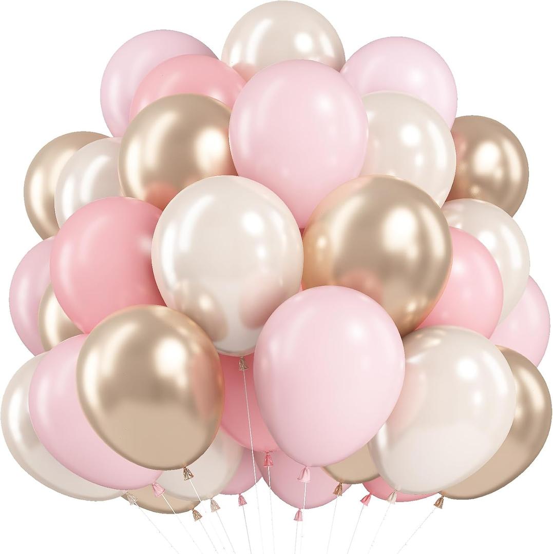 HILAVO Pink and Gold Balloons 12 Inch Pastel Light Baby Pink Double Stuffed Sand White Sand Beige Champagne Gold Metallic Latex Party Balloon for Boho Birthday Baby Bridal Shower Wedding Party Decor