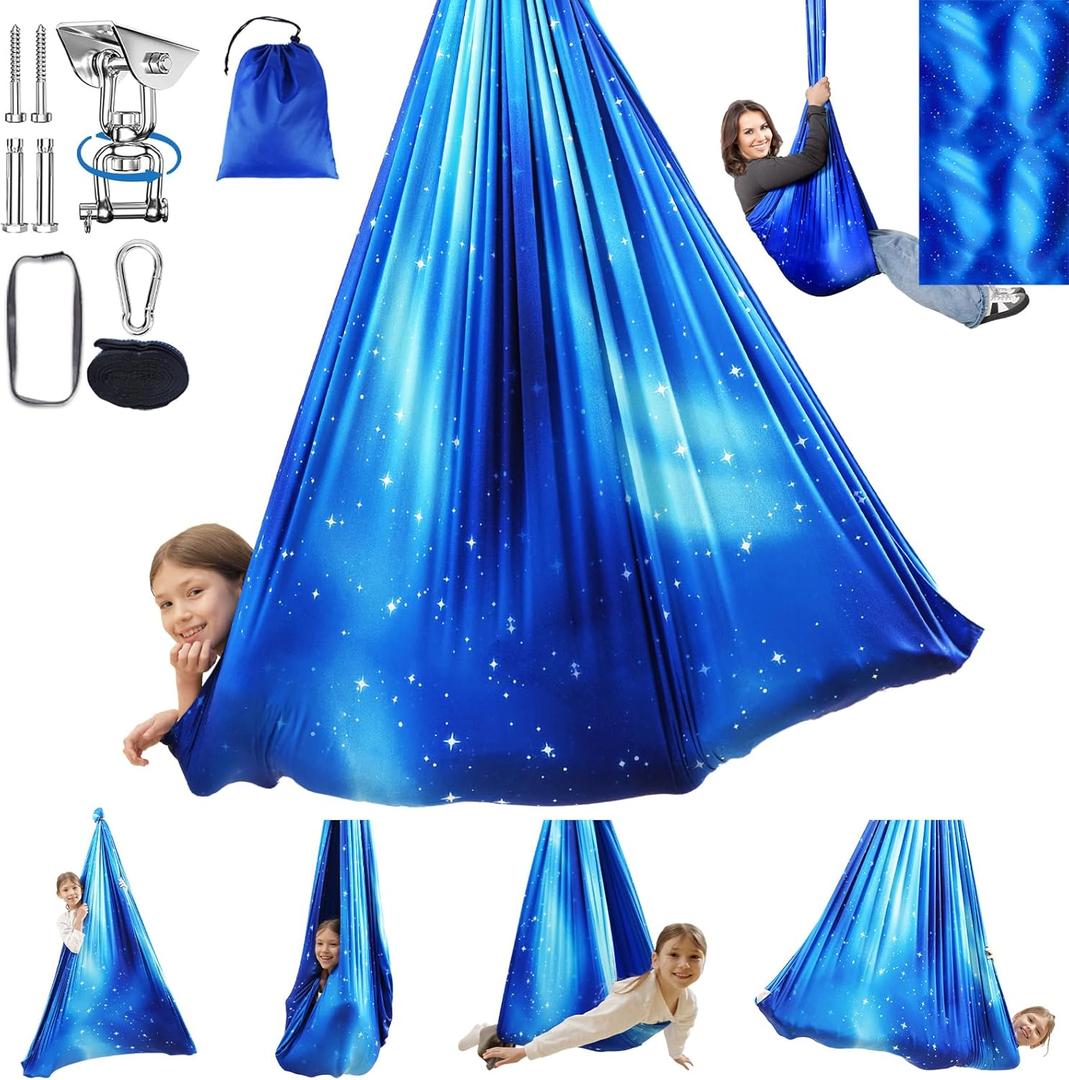 Sensory Swing for Kids Indoor & Outdoor Double Layer Therapy Cuddle Hammock Chair with 360 Swivel Hanger Kit Adjustable Swing for Child and Adult with Asperger's Autism ADHD (Star Blue)