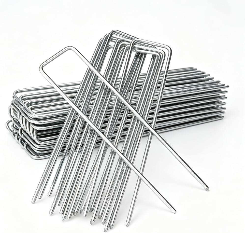 Galvanized Landscape Stakes Heavy Duty - Ground Staples for Weed Barrier, Irrigation, Fencing, Tarp | Rustproof Steel Garden Nails U Shape (Silver, 8in-100P)