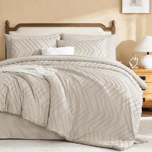 Litanika King Size Comforter Set with Sheets Beige - 7 Pieces Bed in a Bag King Chevron Tufted Boho Luxury Bedding Sets with Comforter, Sheets, Pillowcases & Shams (Dark Oatmeal)