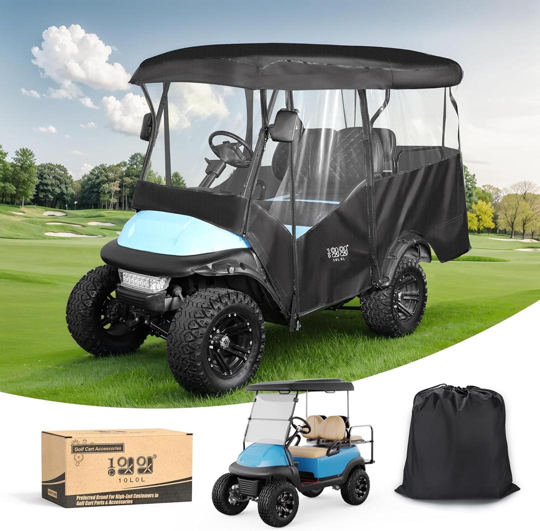 10L0L Universal Golf Cart Enclosure  Fits Yamaha, EZGO & Club Car (4-Passenger)  Waterproof 600D Polyester Cover  Windproof Design  4-Side Clear Windows (Black) 10L0L Universal Golf Cart Enclosure  Fits Yamaha, EZGO & Club Car (4-Passenger)  Waterproof 600D Polyester Cover  Windproof Design  4-Side Clear Windows (Black)