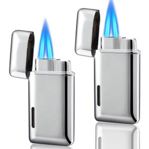 2 Pack Mini Torch Lighter Butane Refillable, Double Flame Butane Lighter with Visible Window, Adjustable Jet Lighter, Great Gifts for Men and Women, Without Gas (Silver)
