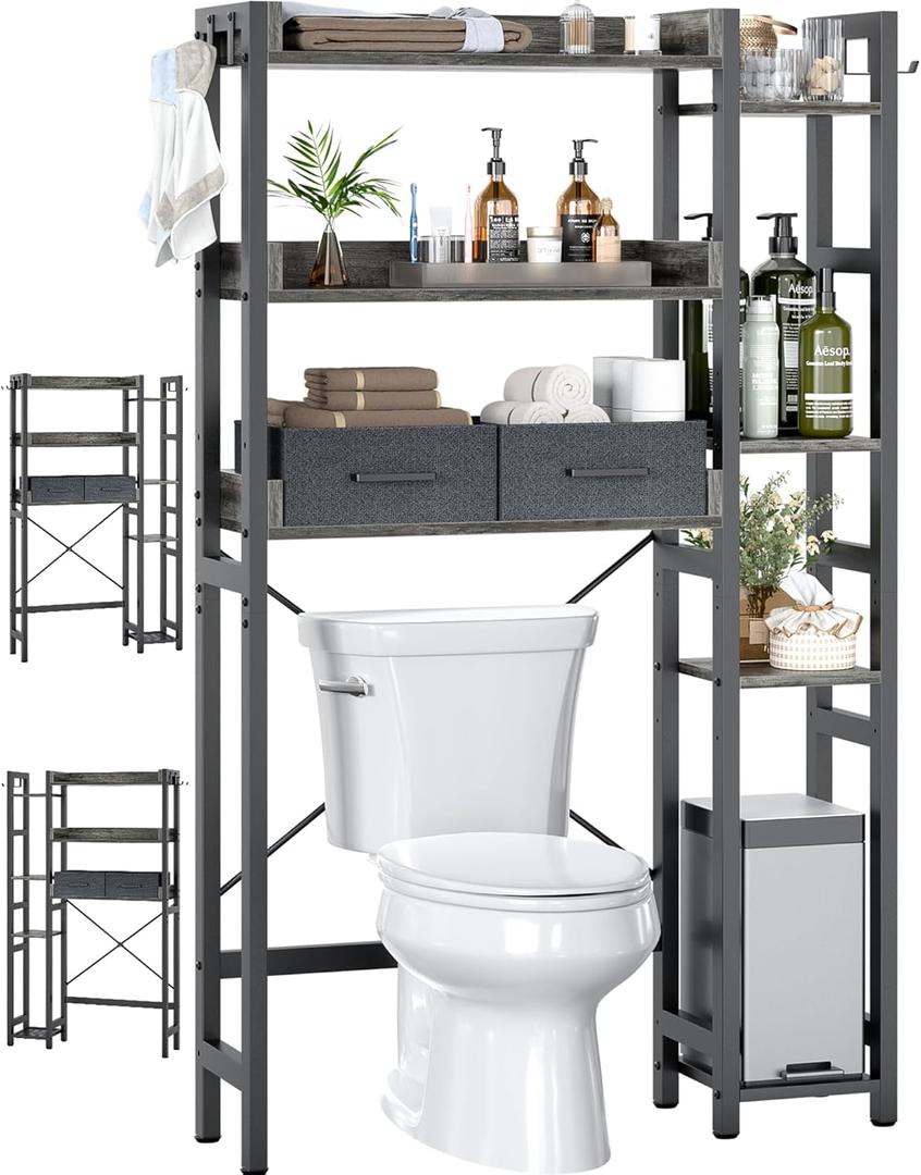 Over The Toilet Storage with 2 Drawers - 7 Tier Bathroom Organizer with Adjustable Shelf, Freestanding Space Saver Storage Rack Above Toilet Stand with 4 Hooks for Restroom, Laundry, Grey Oak (31.1"W)