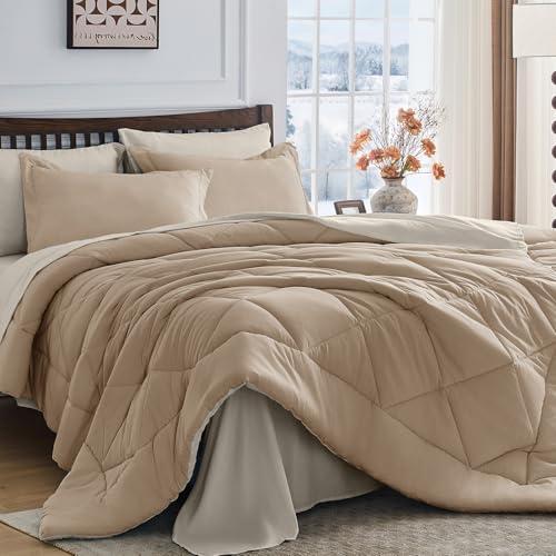 HEVUMYI Khaki & Linen King Comforter Set - 7-Piece All Season Bed in a Bag King, Ultra Soft Bedding Set with Comforter, Flat Sheet, Fitted Sheet, Pillowcases, Pillow Shams