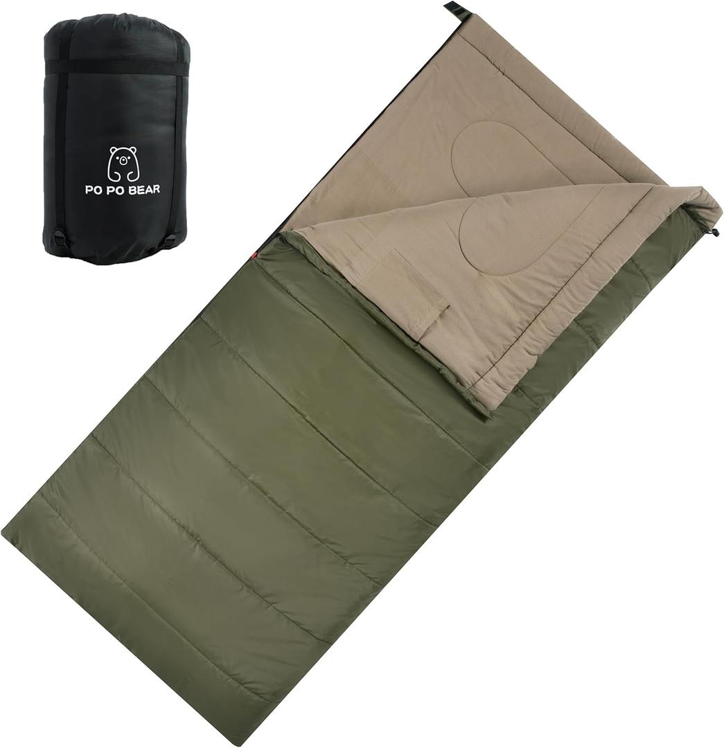PO PO BEAR Zero Degree Sleeping Bag for Adults 100% Cotton Flannel Tall and Big (84" x 40" Right Zip, 0F Green)