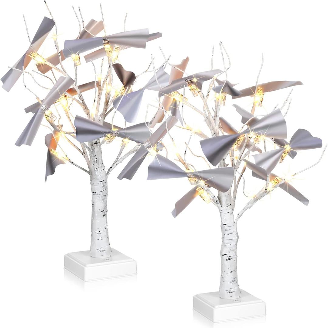 Geelin 2 Pcs Money Tree Gift Holder 17 1.5 ft Lighted Tabletop Birch Tree with LED Lights with 24 Clips Gift Card Display USB Powered Timer Display for Photo Wedding Birthday Christmas