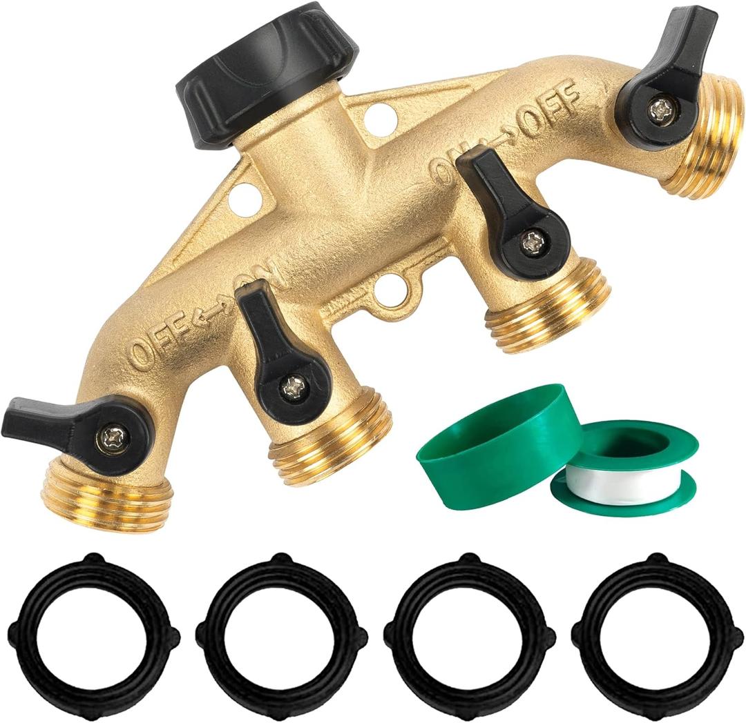 Hourleey Brass 4 Way Heavy Duty Garden Hose Splitter, Water Hose Splitter for 3/4" Hose Connector, Hose Faucet Splitter Hose Spigot Adapter 4 Valves with 4 Rubber Washers & Tape