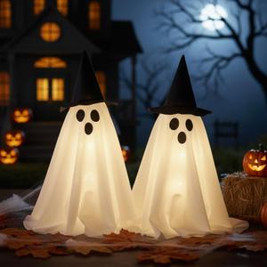 2 Pack 18.8Inch Lighted Halloween Decoration Indoor Ghost Witch Hat with Lights Spooky Halloween Party Decoration Scary Glowing Ghost Kit for Mantel Shelf Table Fireplace Home Room Kitchen