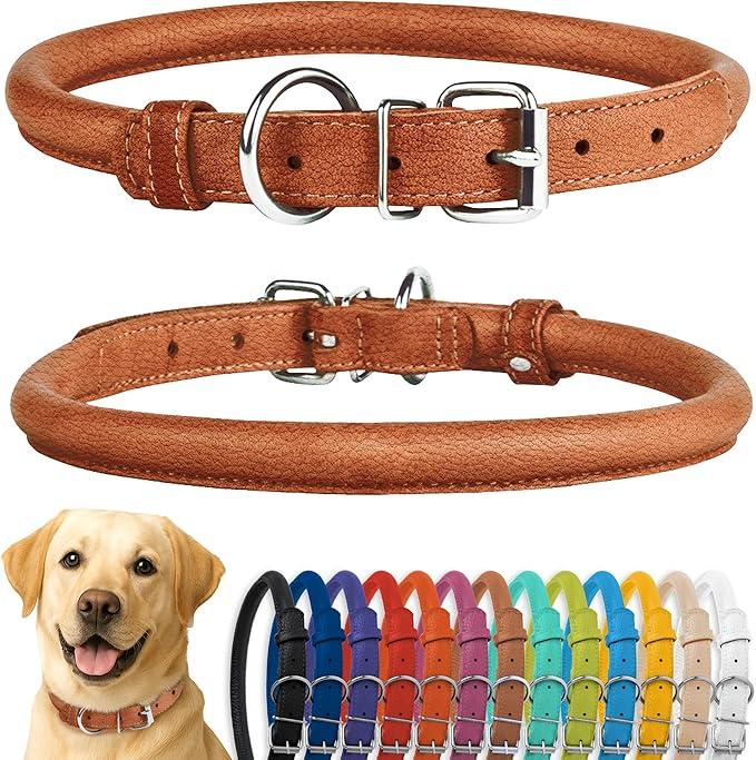 CollarDirect Rolled Leather Dog Collar, Soft Padded Round Puppy Collar, Handmade Genuine Leather Collar Dog Small Large Cat Collars Black Pink Red Purple Blue (Fits 14"-16" Neck, Brown)