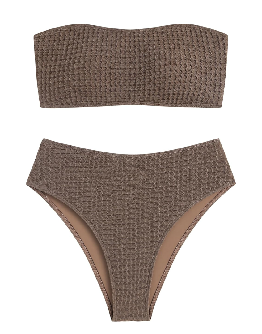 ZAFUL Women's High Cut Bandeau Bikini Set Strapless Solid Color 2 Pieces Bathing Suit Swimsuit, S, 7-brown
