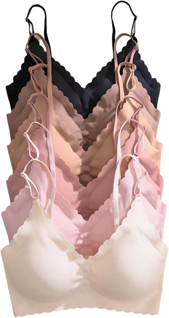BEAUDRM Women's 6 Pieces Bra Scallop Seamless Padded Comfy Wireless Bralettes Cami Tops (Apricot and Black)
