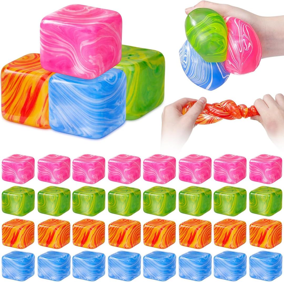 32 Pcs Stress Cube Bulk Ice Cube Stress Ball Anxiety Relief Soft Squeeze Sensory Ball for Party Favors Prizes Goodie Bag Stuffers (Pink,Blue,Green,Orange)
