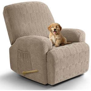 VANSOFY Recliner Chair Covers, 4-Pieces Stretch Recliner Cover Jacquard Soft Reclining Chair Slipcover Furniture Protector with Elastic Bottom for Lazy Boy Recliner(Khaki) (1 Seat)