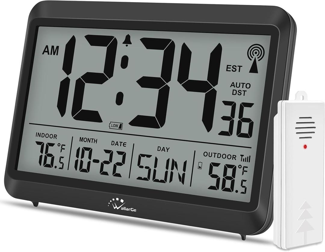 WallarGe Atomic Clock with Indoor Outdoor Temperature - 8.5'' Digital Clock Battery Operated, Self-Setting, 4 Time Zones, DST