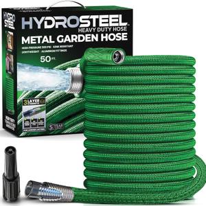 HYDROSTEEL Metal Garden Hose 50 Ft with Nozzle, 3x Layer Stainless Steel Metal Water Hose 50 Ft, Heavy Duty, Flexible, Lightweight, 50 Ft Garden Hose with 500 PSI AS SEEN ON TV