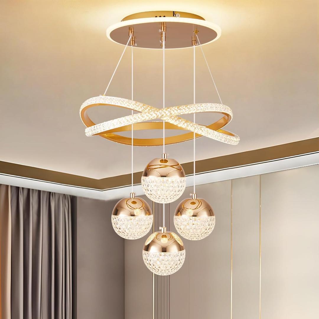 Modern Gold LED Chandeliers, 3-Color Dimmable Pendant Light for Kitchen Island, Dining Room, Living Room, Contemporary Hanging Ceiling Light, Adjustable Height, Perfect for Modern Home Decor.