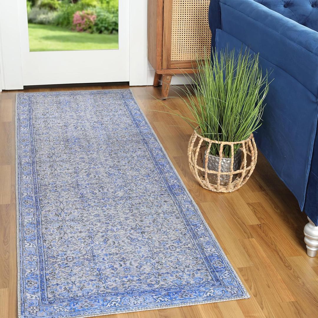 Superior Indoor Runner Rug for Living Room, Bedroom, Kitchen/Dining, Office, Unique, Cotton Backed Rugs, Boho Distressed Floral Home Floor Decor, Athena Collection, 2' 6" x 7' 6", Baby Blue