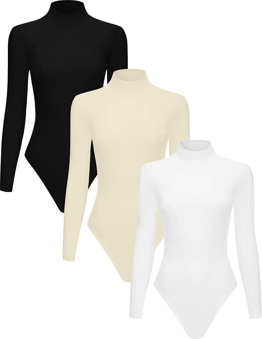 3 Piece Women's Mock Turtle Neck Long Sleeve Bodysuit T Shirts Body Suit Tops (X-Large, Black/White/Khaki)