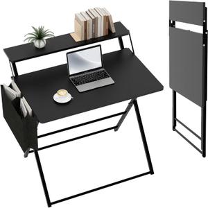 Small Desk No Assembly,31.5Inch 2-Tier Compact Computer Desk with Shelf & Side Pocket,Space Saving Foldable Table for Home Office, Bedroom or Apartment,Portable Collapsible Sturdy Laptop Desk,Black