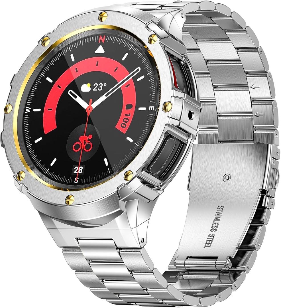 SUPLINK Metal Case and Band Compatible with Samsung Galaxy Watch 5 Pro Band 45mm, Rugged Stainless Steel Protective Case Bands for Galaxy 5 pro Watch Men, Silver/Gold