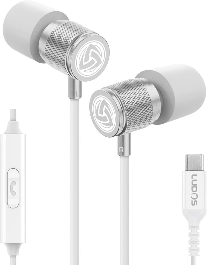 LUDOS Ultra USB C Headphones for iPhone 17 16 15 Pro Max Plus Air iPad Pro, Magnetic USB-C Earbuds for Samsung Galaxy S24 S23 Ultra S22 S21 FE S20 A55, USB Type C Earphones - White