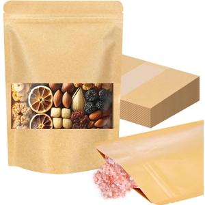 Kraft Paper Bags with Window 100 Pack - Resealable Food Grade Brown Pouches, 7.9x11.8 Inch Eco-Friendly Stand Up Packaging Bags for Coffee, Bakeries, Retail Displays & Small Business Storage