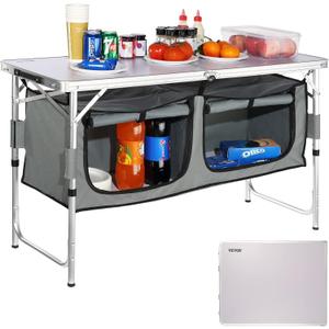 VEVOR Camping Kitchen Station, 3 Adjustable Height Folding Outdoor Camp Cooking Table with Storage Organizer, Quick Set-up for Patio BBQ Picnic Glamping Traveling (Grey)