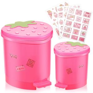 Tessco for you 2 Pieces Strawberry Desk Trash Can Cute Mini Countertop Trash Can with Lid Kawaii Small Garbage Plastic Waste Bin with Sticker for Car Office Home Bedroom Bathroom Kitchen Decor(Pink)