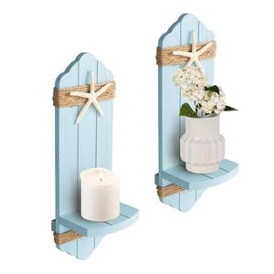 Wall Candle Sconces Set of Two, Blue Wood Wall Candle Holder Decor, Farmhouse Wooden Candle Holder Wall Decorations for Fireplace, Hallway, Living Room, Bedroom