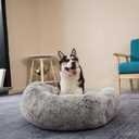 Coohom Oval Calming Donut Cuddler Dog Bed,Shag Faux Fur Cat Bed Washable Round Pillow Pet Bed(30"/36"/43") for Medium Dogs (XL(36"x27"x7"),Light Brown)