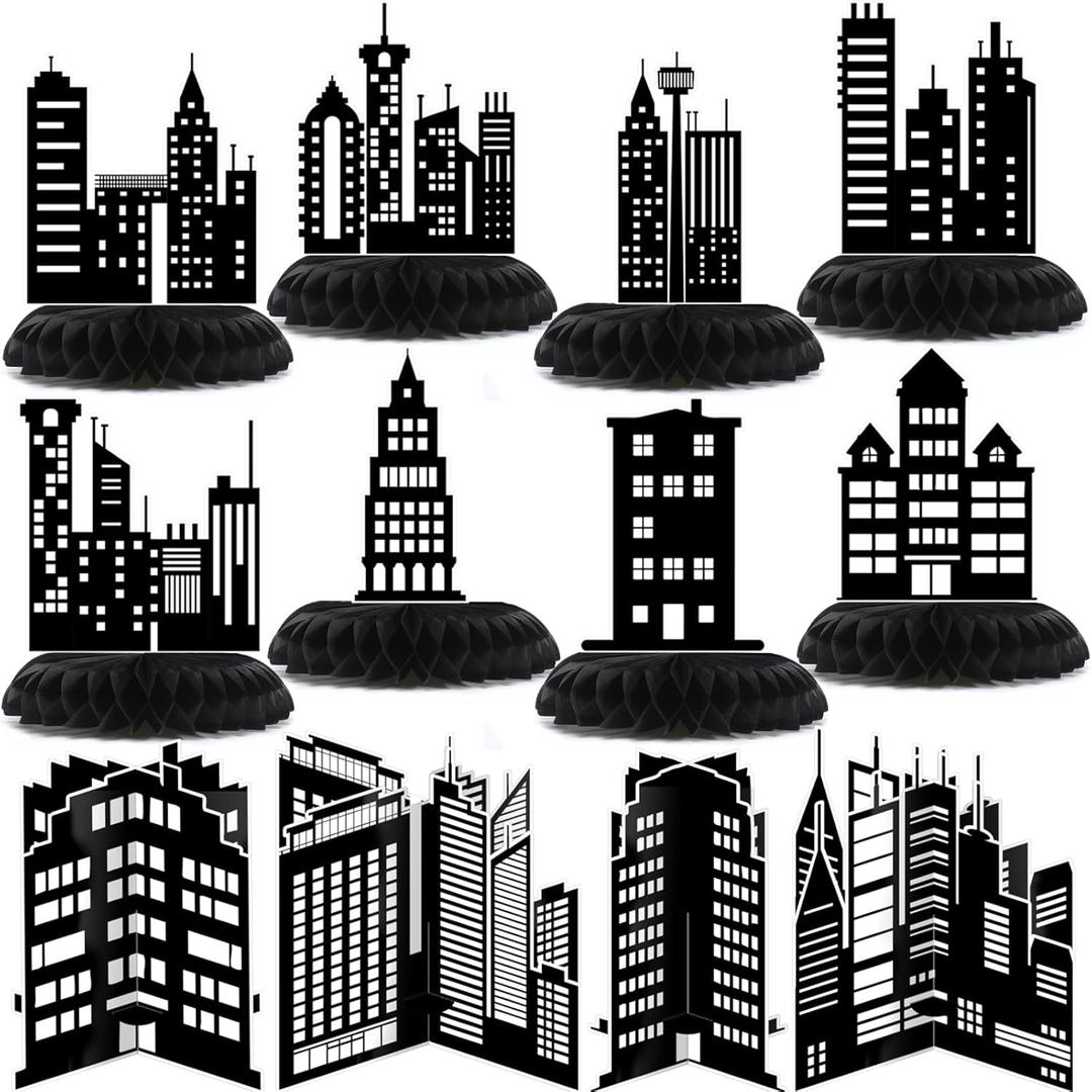 Pickmesh 12 Pieces Hero Party Decorations City Skyscraper Honeycomb Centerpieces Table Decorations Skyline Buildings Table Topper for Hero Birthday Skyscraper Party Supplies (Black)