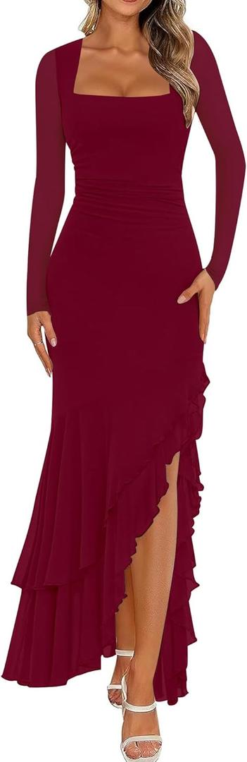 BORIFLORS Women's Bodycon Ruched Mesh Long Sleeve Maxi Dress Mermaid Ruffle Formal Cocktail Party Long Dresses (Wine Red, XL)