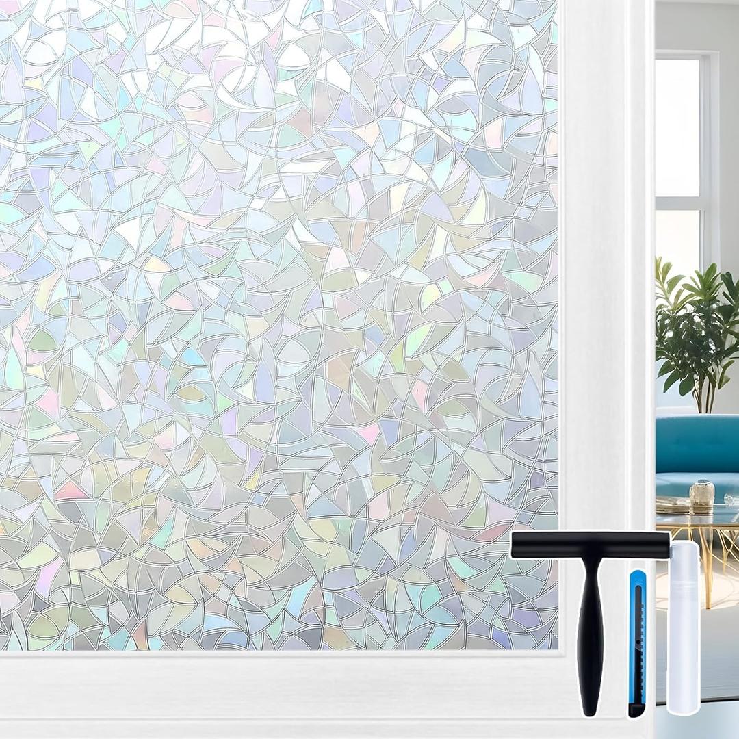 Volcanics Rainbow Window Privacy Film with Installation Tools, Decorative Stained Glass Window Film, Static Cling Heat Control Window Tinting Film Stickers, Grayish Silver, 23.6 x 78.7 inches
