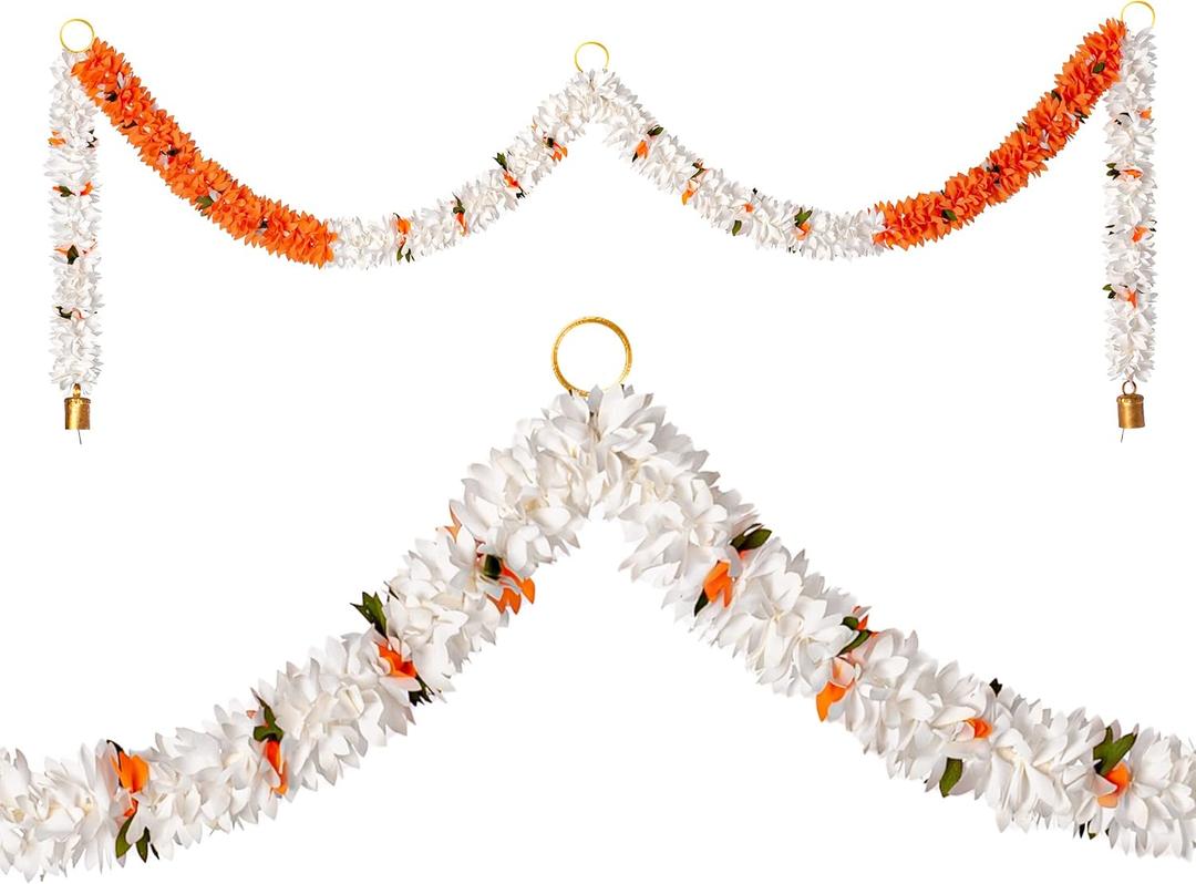 Toran Bandanwaar Artificial Flower Garland for Wall Door Hanging Home Temple Festival Wedding Function Party Decoration Dcor and Gifting (White and Orange)