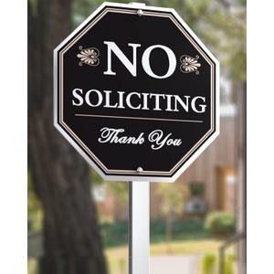 No Soliciting Sign For House - 10"x10" Aluminum Heavy Duty Weather Resistant With 28" high Stake, Contains Self-Adhesive No Soliciting Signs For Home Black