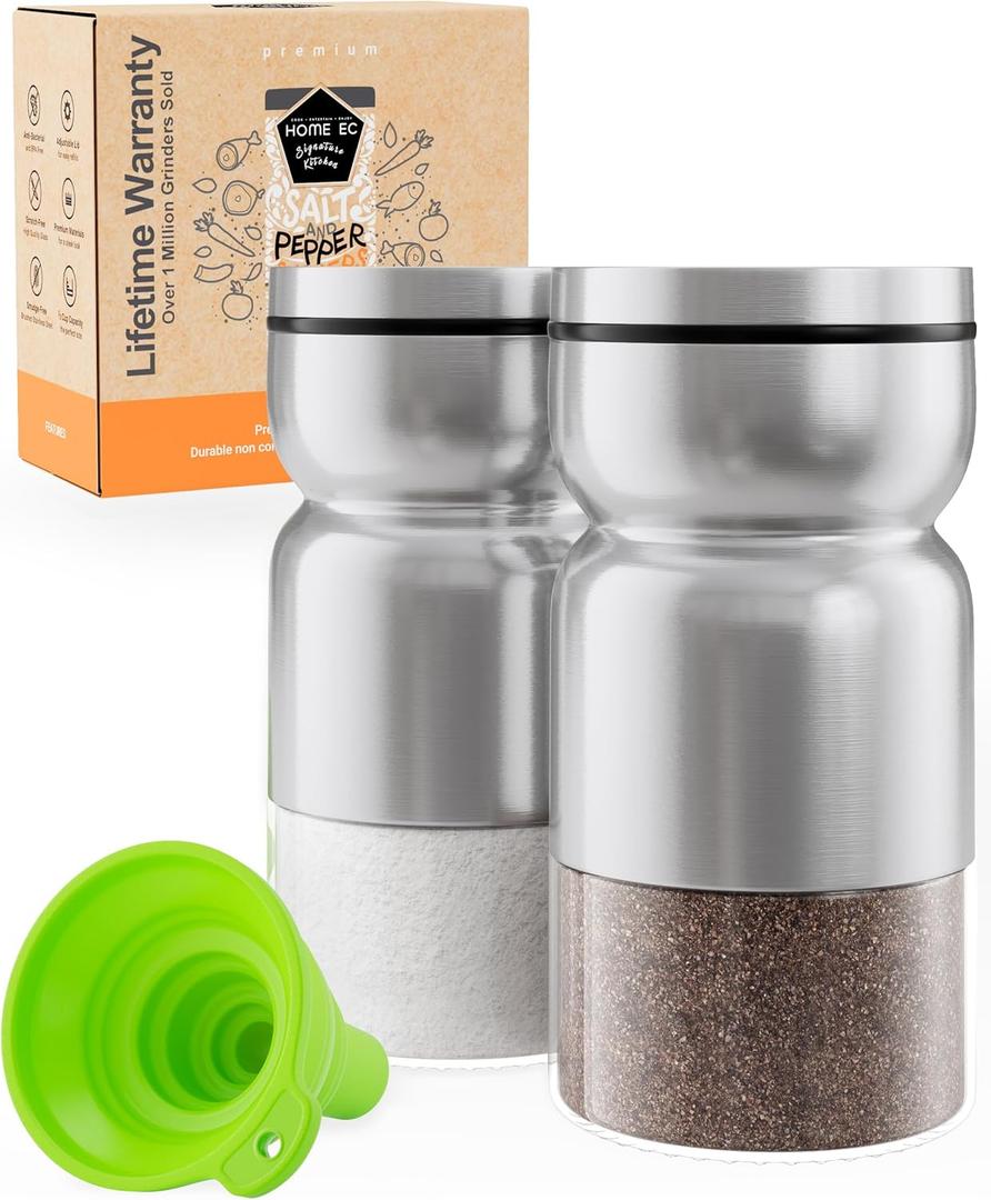 HOME EC Original Salt and Pepper Shakers Set with Adjustable Pour Holes - Glass and Stainless Steel Salt Shaker and Pepper Shaker - Farmhouse Spice (2pk, Brushed Silver)