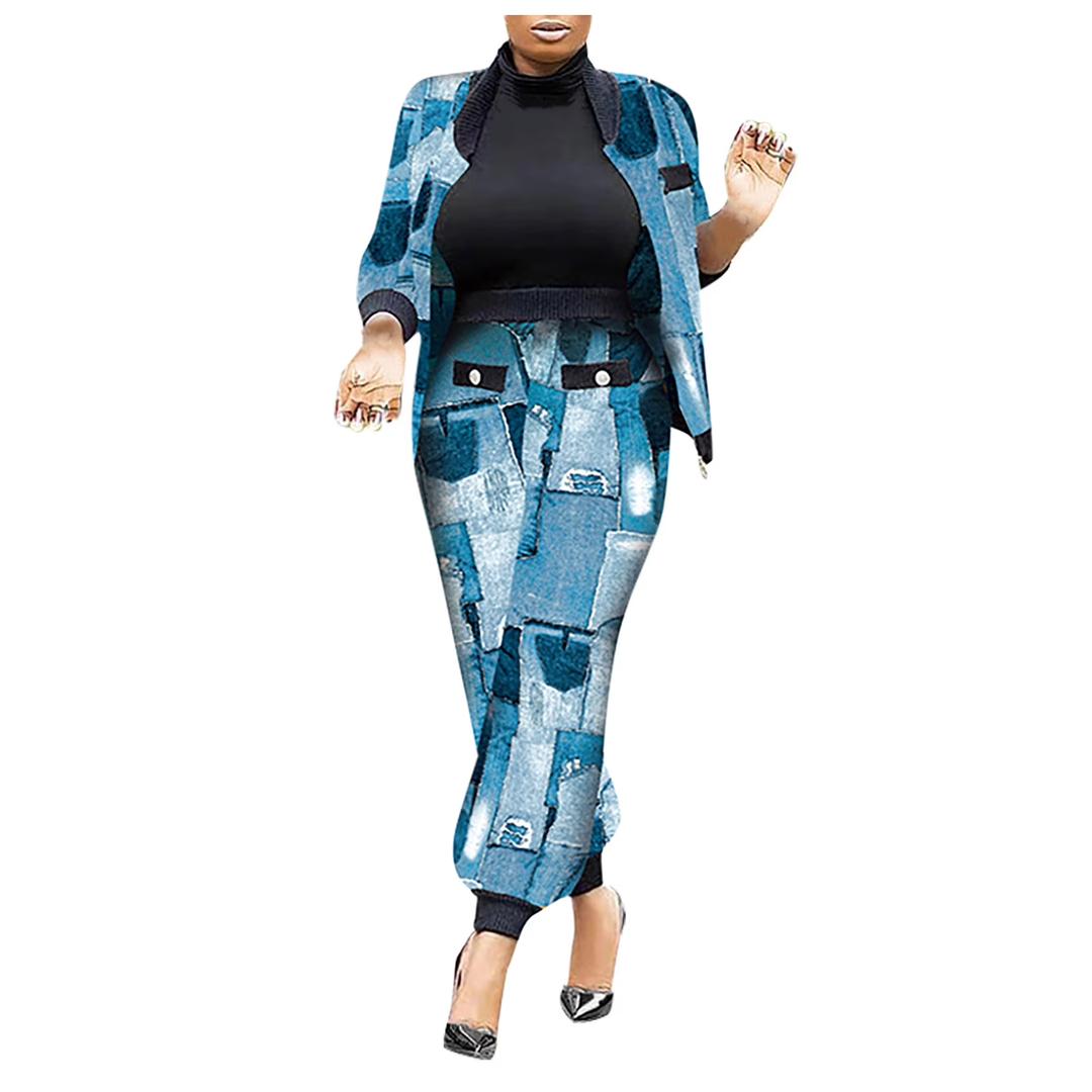 SOMTHRON Women’s Houndstooth Print 2 Piece Outfit Zip Up Long Sleeve Jacket Long Pants Set Work Suits Tracksuit, Size: 3XL
