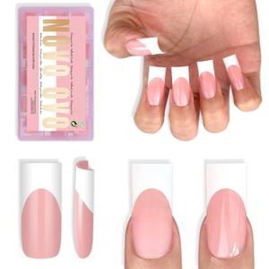 NOVO OVO Medium Sharp Square White French Tip Nail Tips Press on BABY PINK, Extra Thick NEED Builder Gel & Top Coat & Glue, Soft Gel Full Cover False Fake Nail Extension in Salon DIY x 15 Sizes 180 pc
