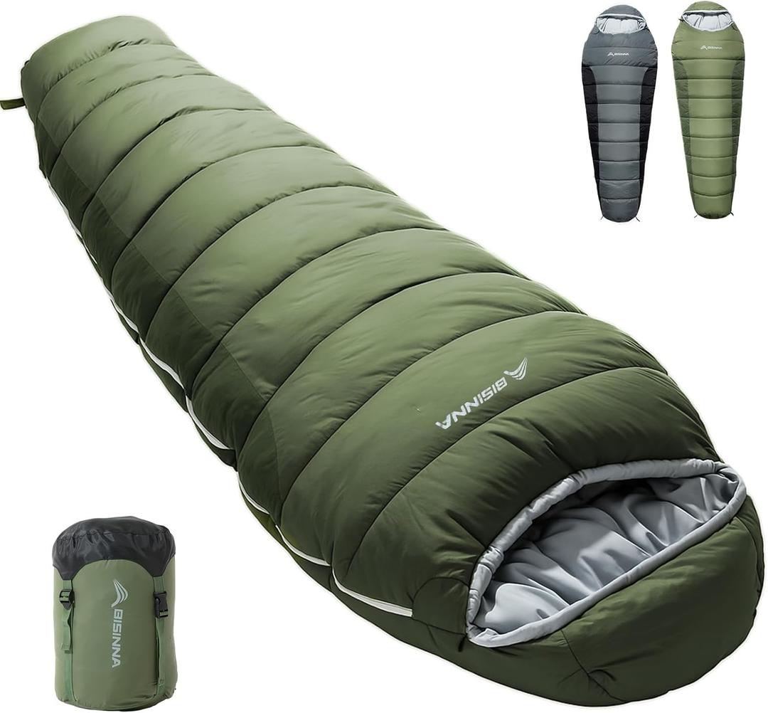 BISINNA Mummy Sleeping Bag for Adults - 4 Season Sleeping Bag Connectable Design Adjustable Hood for Warmth Windproof YKK Zipper - Camping Hiking Backpacking, Survival Gear, Large