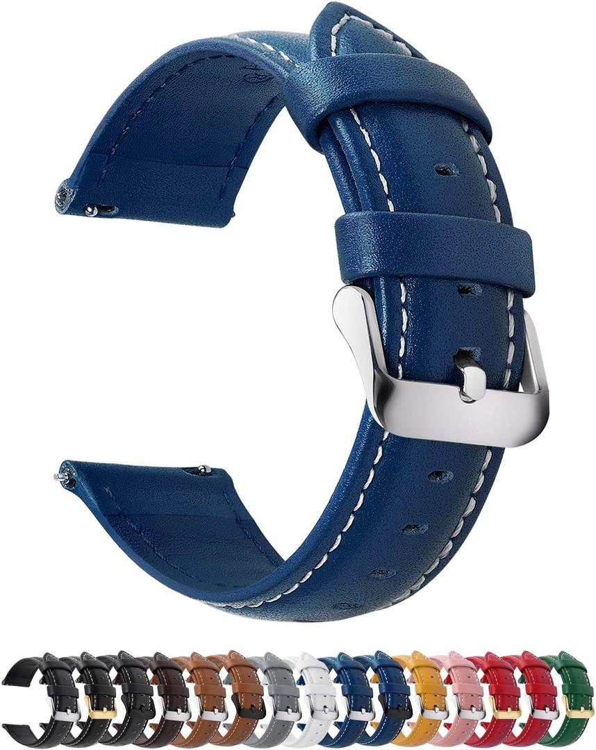 Fullmosa Watch Band, Quick Release Leather Watch Strap for Men Women, Replacement Bands Width 14mm 16mm 18mm 19mm 20mm 21mm 22mm 24mm (Dark blue+silver buckle)