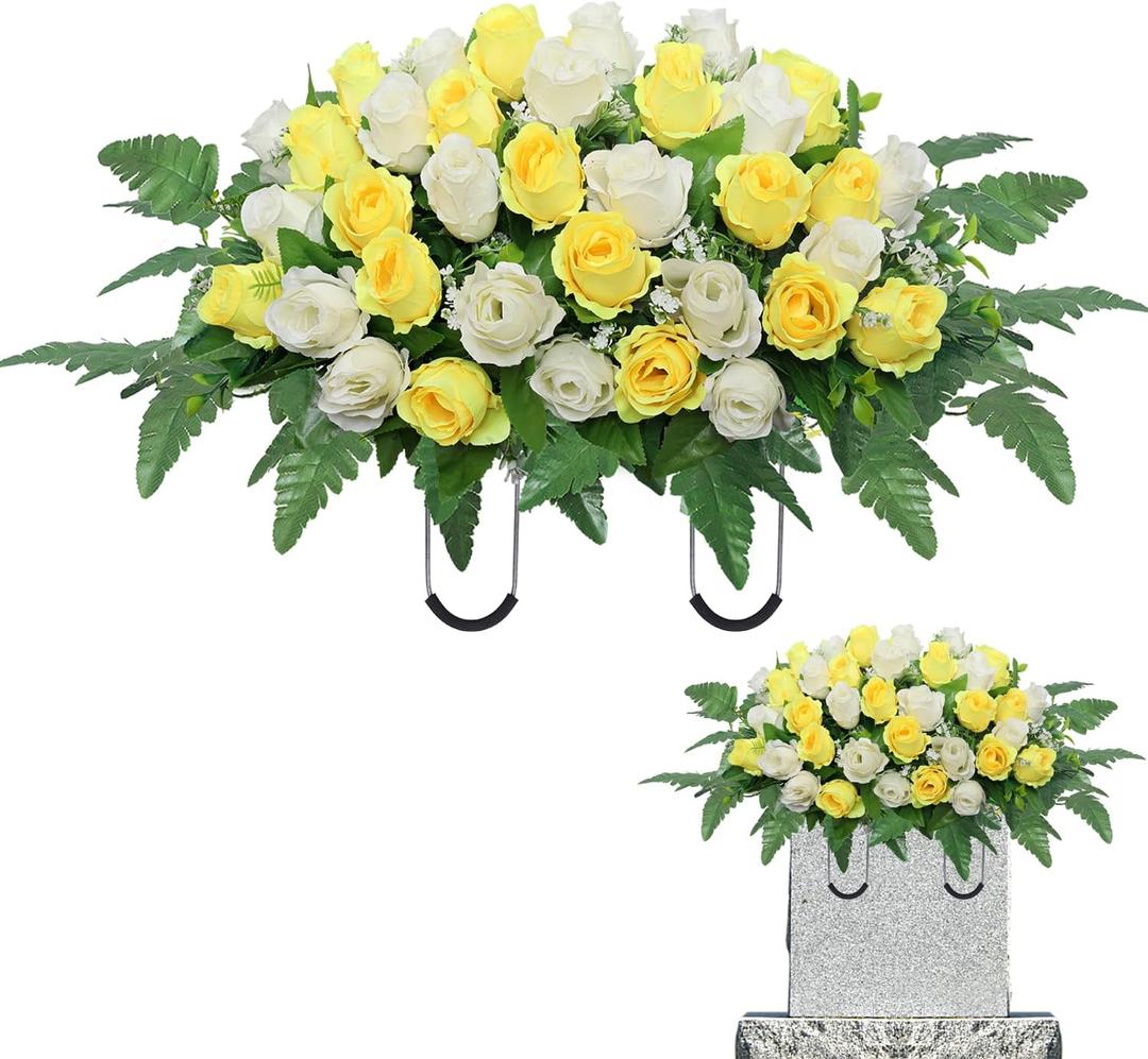 Artificial Cemetery Flowers Saddle - Grave Decoration Headstone Flower Rose for Outdoor Grave Decorations (Yellow White)