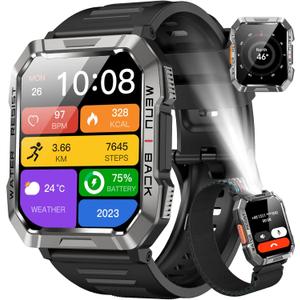 Military Smart Watch for Men(Answer/Make Call), Outdoor Sports Smartwatch with Flashlight/100 Days Battery/Compass/Heart Rate/SpO2/Sleep Monitor/2 Straps, Fitness Tracker for iPhone/Android Phones (W60 Black)