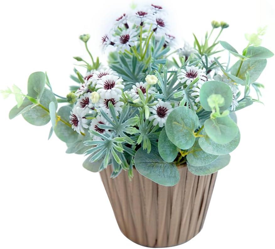 Faux White Flowers Potted Plants 9" Fake Daisy Outdoor Plants with Faux Eucalyptus Hangfing Frosted White Leaves in Drab Yellow Plastic Planter for Window Home Garden Decorations
