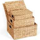 Wicker Storage Baskets with Lids,Multi-size 3 Pack Natural Water Hyacinth Wicker Nesting Baskets,Decorative Storage Ratten Boxes for Organizing,Storage,and Gifts