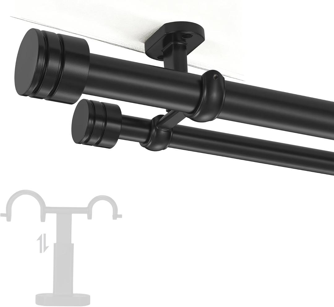 Heavy Duty Ceiling Mount Curtain Rod,1 1/8"Diameter Front and 1" Rear Rod with Solid Aluminum Adjustable Ceiling Brackets, Modern Luxury Curtain Rod for Room Divider, Window Drapes-Black,72-144"