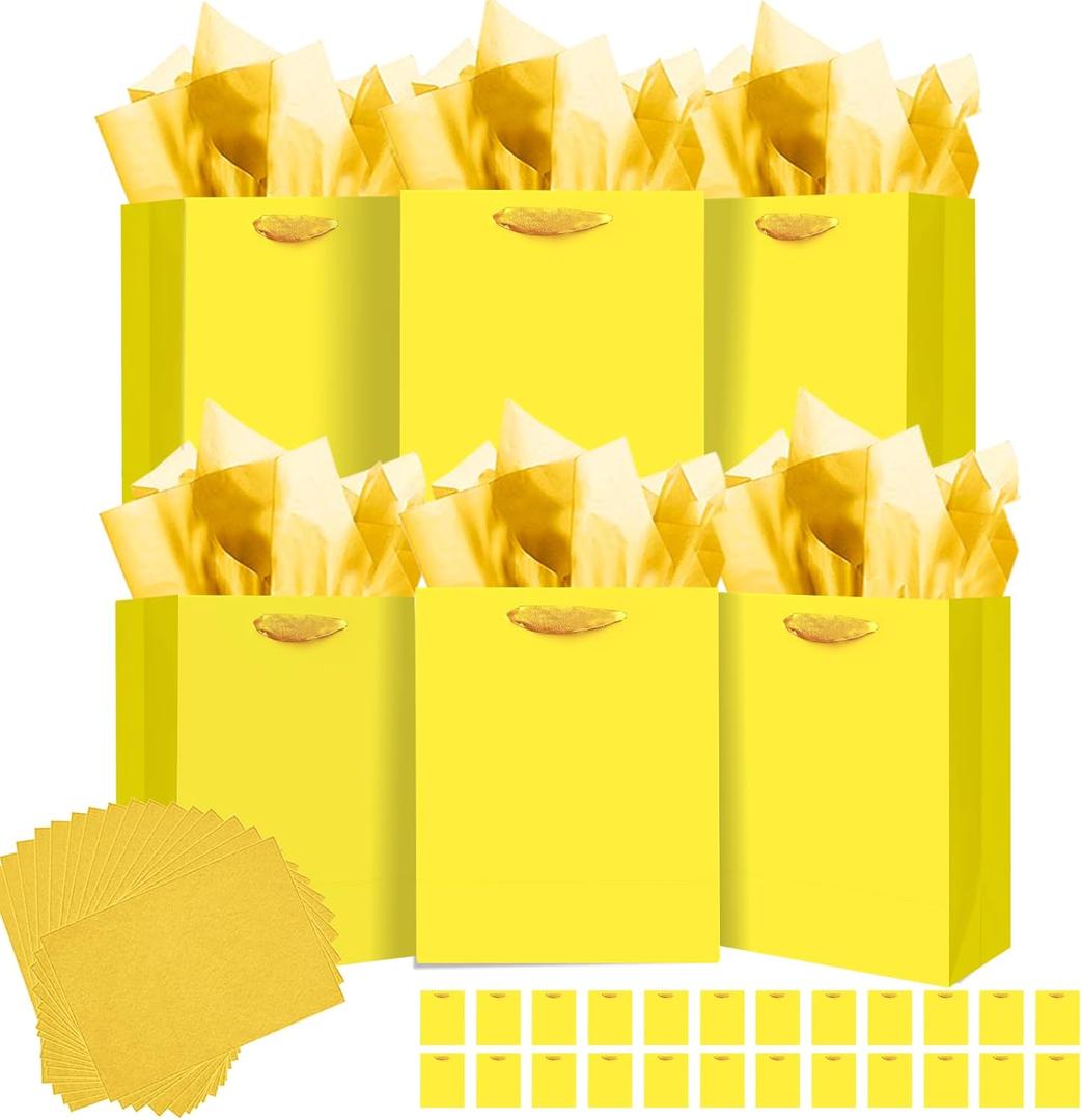 qiqee 24pcs Bright Yellow Gift Bags with Tissue Paper for Wedding, Birthday, Party Supplies-7.9"x4.3"x9.6" Medium Size Cardboard Gift Bags24pcs Bags +48pcs Tissue Paper
